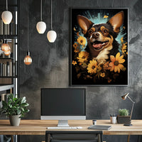 Joyful Dog with Flowers Nature Art Poster