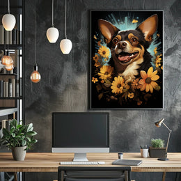 Joyful Dog with Flowers Nature Art Poster