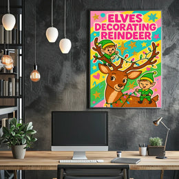 Elves Decorating Reindeer Poster