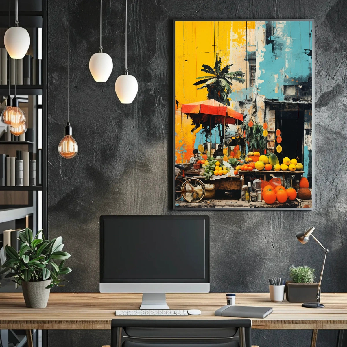 Tropical Market Scene in Vibrant Travel Poster