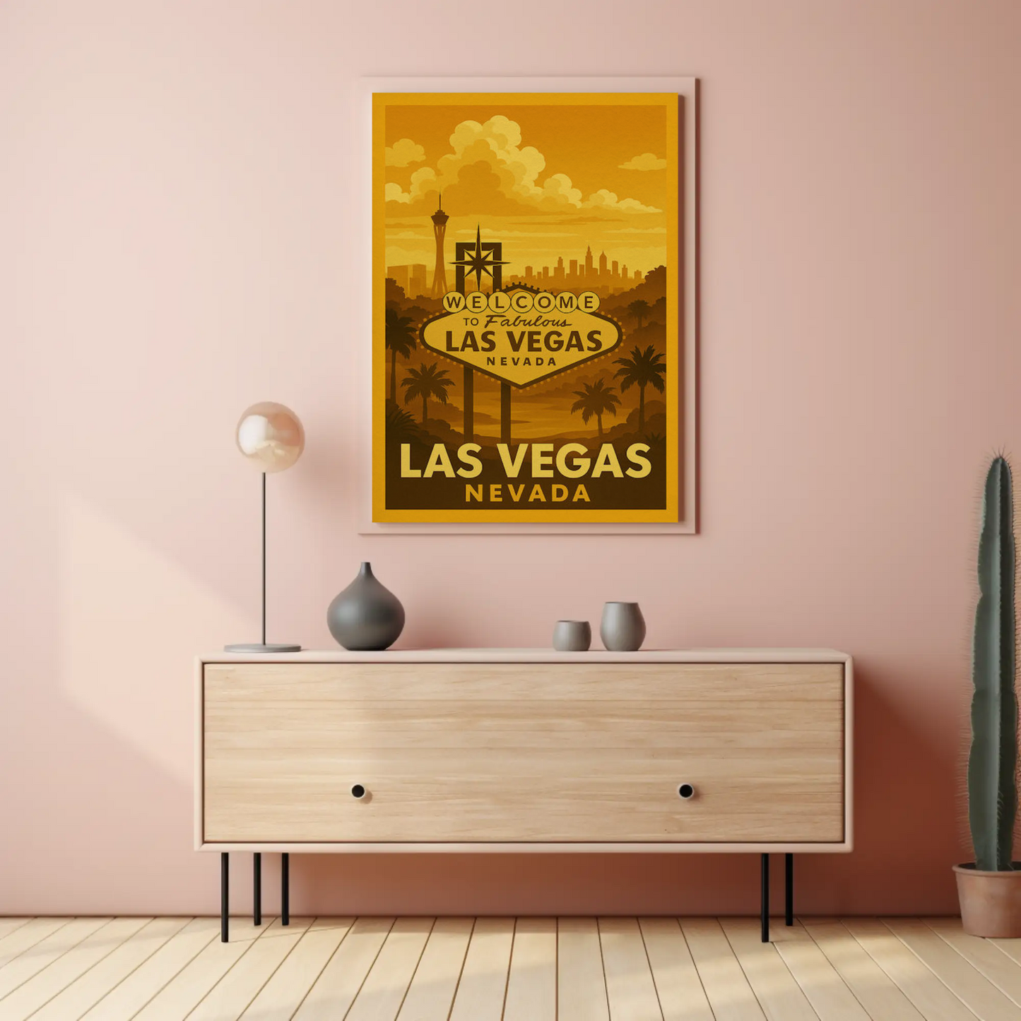 Golden Las Vegas Skyline Welcome Sign Retro Poster