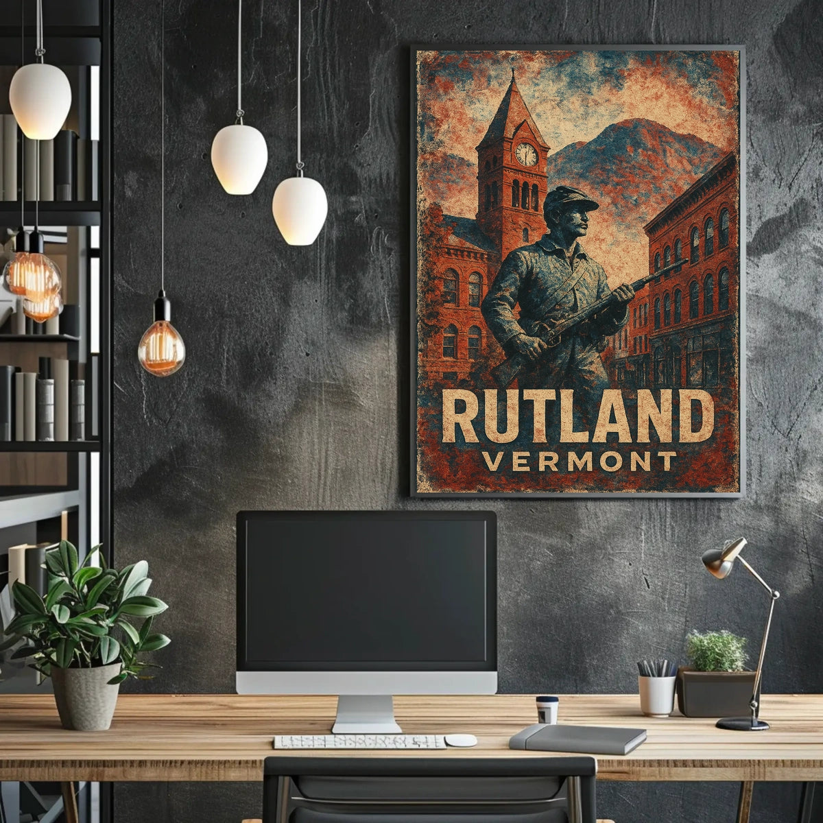 Rutland Vermont Americana Cultural Heritage Clock Tower Soldier Statue Collectors Retro Eighties Folk Art Poster