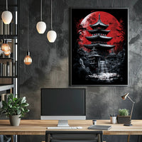 Traditional Japanese Pagoda with Red Moon Cultural Poster
