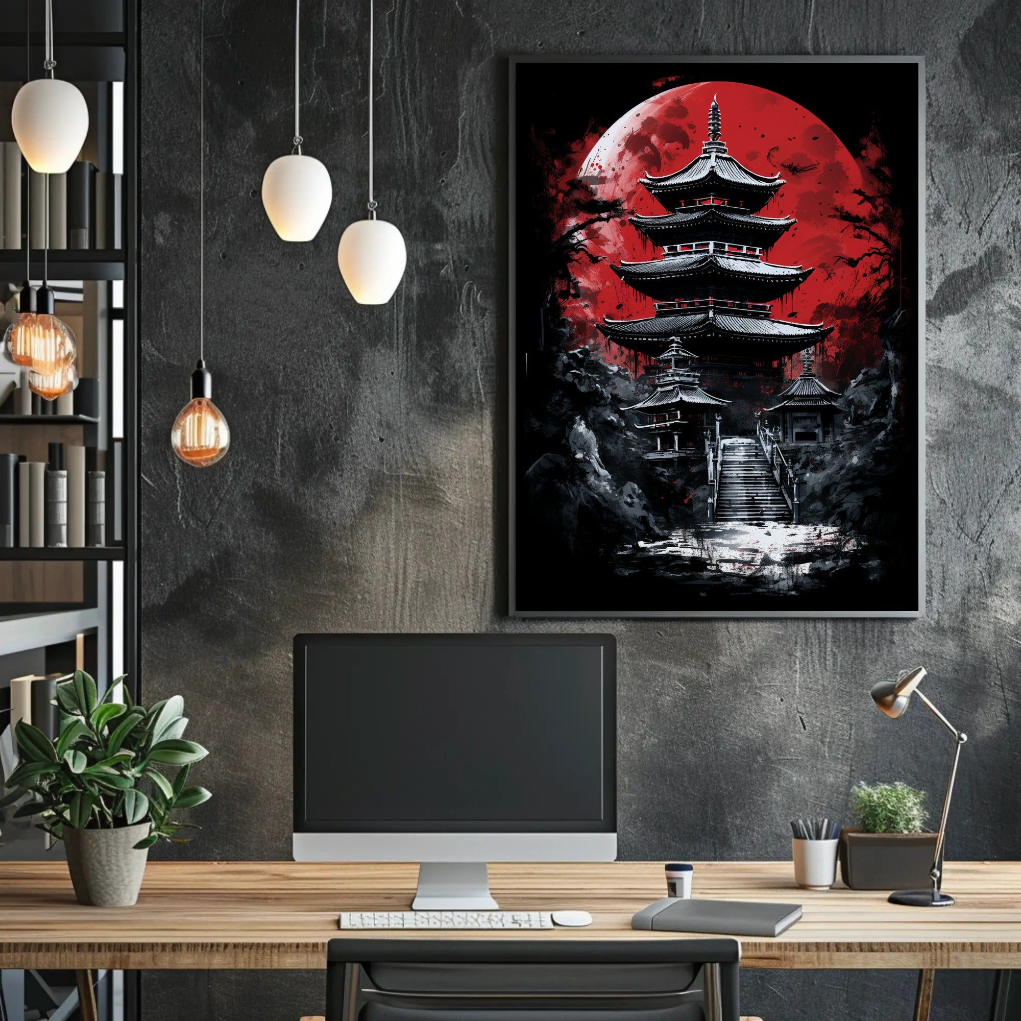 Traditional Japanese Pagoda with Red Moon Cultural Poster