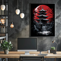 Traditional Japanese Pagoda with Red Moon Cultural Poster
