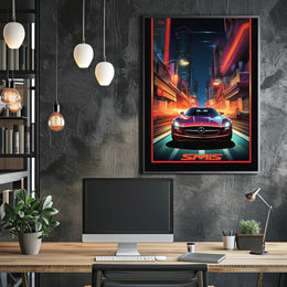 Sleek Sports Car in Vibrant Futuristic Sci-Fi Poster