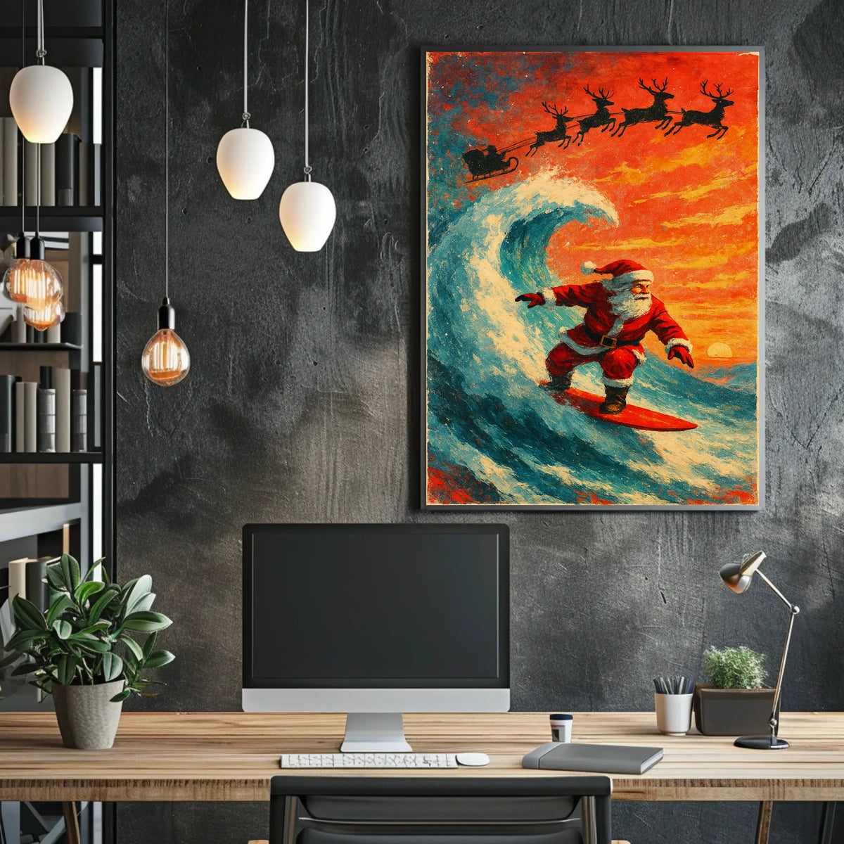 Santa Surfing Christmas Wave Vintage Poster
