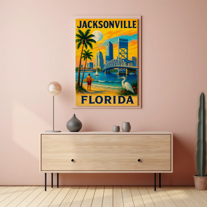 Jacksonville Florida Surfer Bridge Skyline Sunset Travel Poster