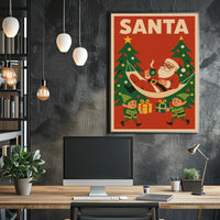 Santa Claus Relaxing in Vintage Christmas Poster