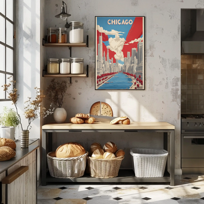 Chicago River Skyline Classic Scene Vintage Travel Poster