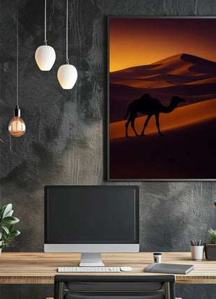 Camel Silhouette at Sunset Travel Poster