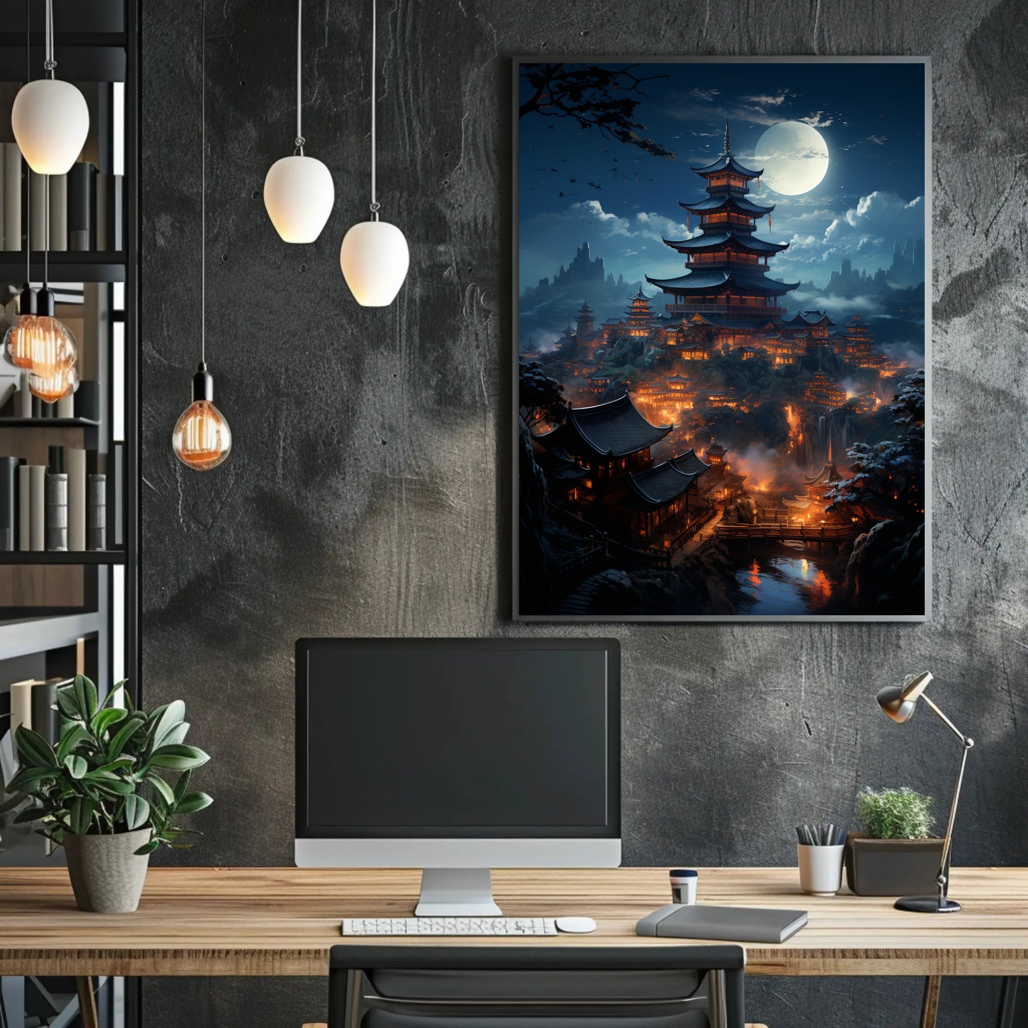 Moonlit Pagoda Village Poster