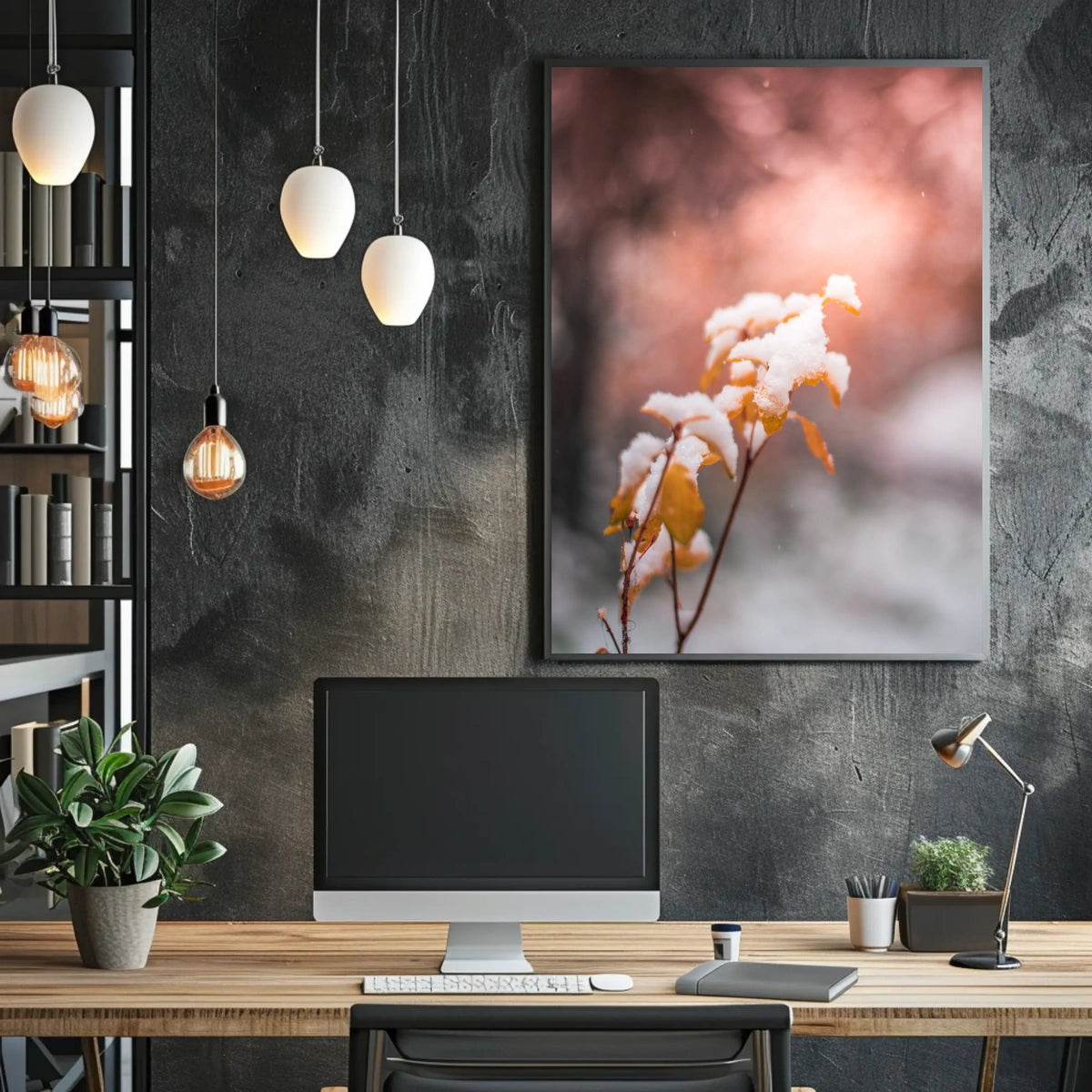 Snow-Kissed Autumn Leaves Poster