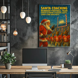 Santa Claus Coaches Reindeer Football Team Poster