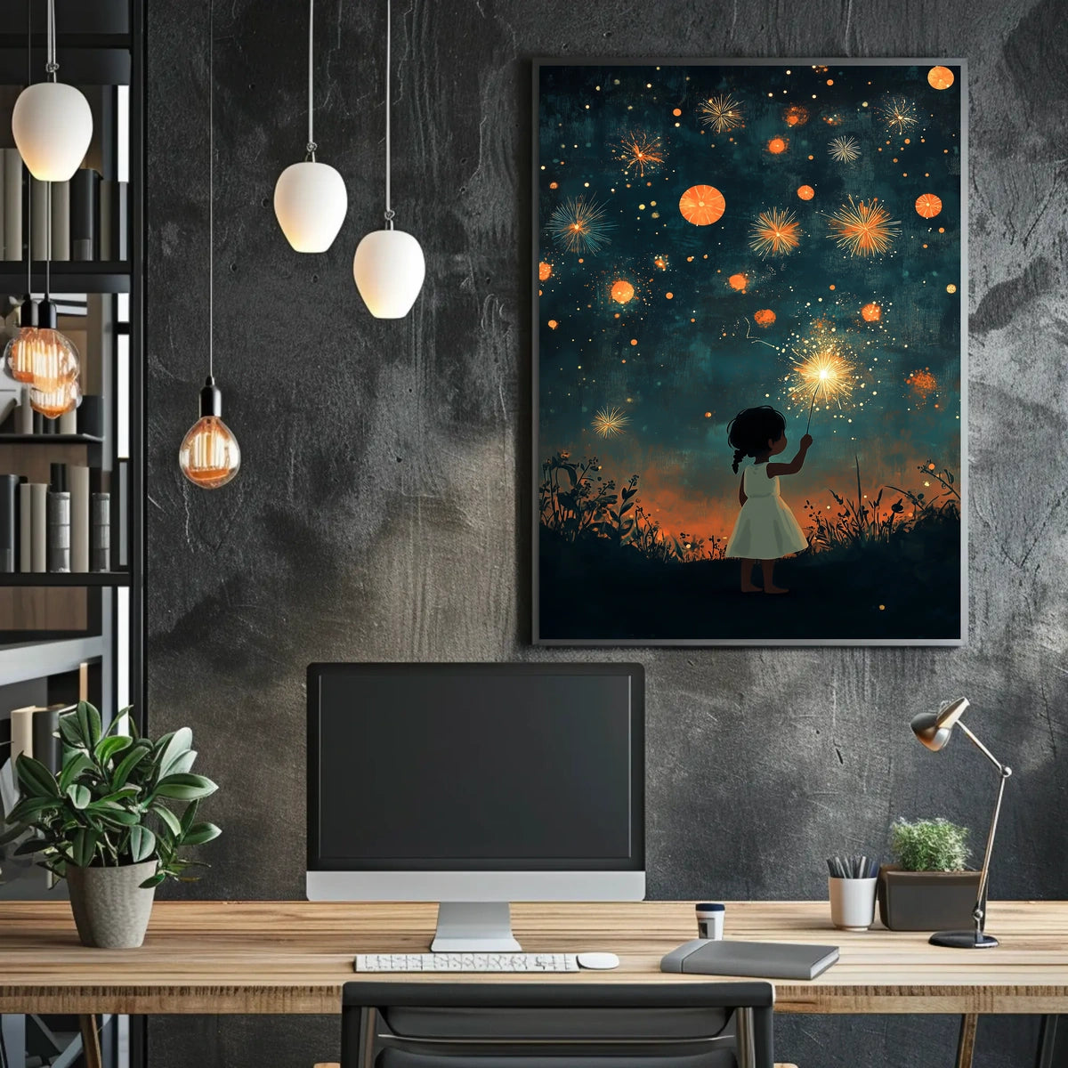 Young Girl Holding Sparkler Under Firework Sky Poster