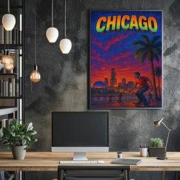 Skateboarding at Sunset in Vibrant Urban Cityscape Poster PosterGoat