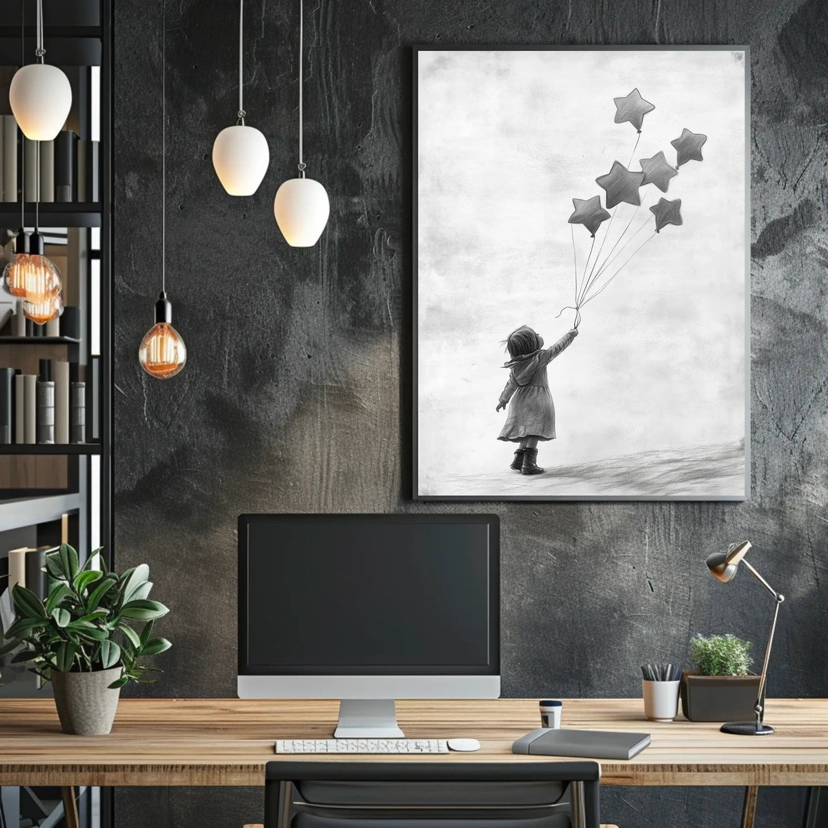 Child Releasing Star Balloons Minimalist Art Sketch Poster