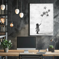 Child Releasing Star Balloons Minimalist Art Sketch Poster