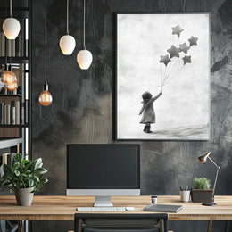 Child Releasing Star Balloons Minimalist Art Sketch Poster