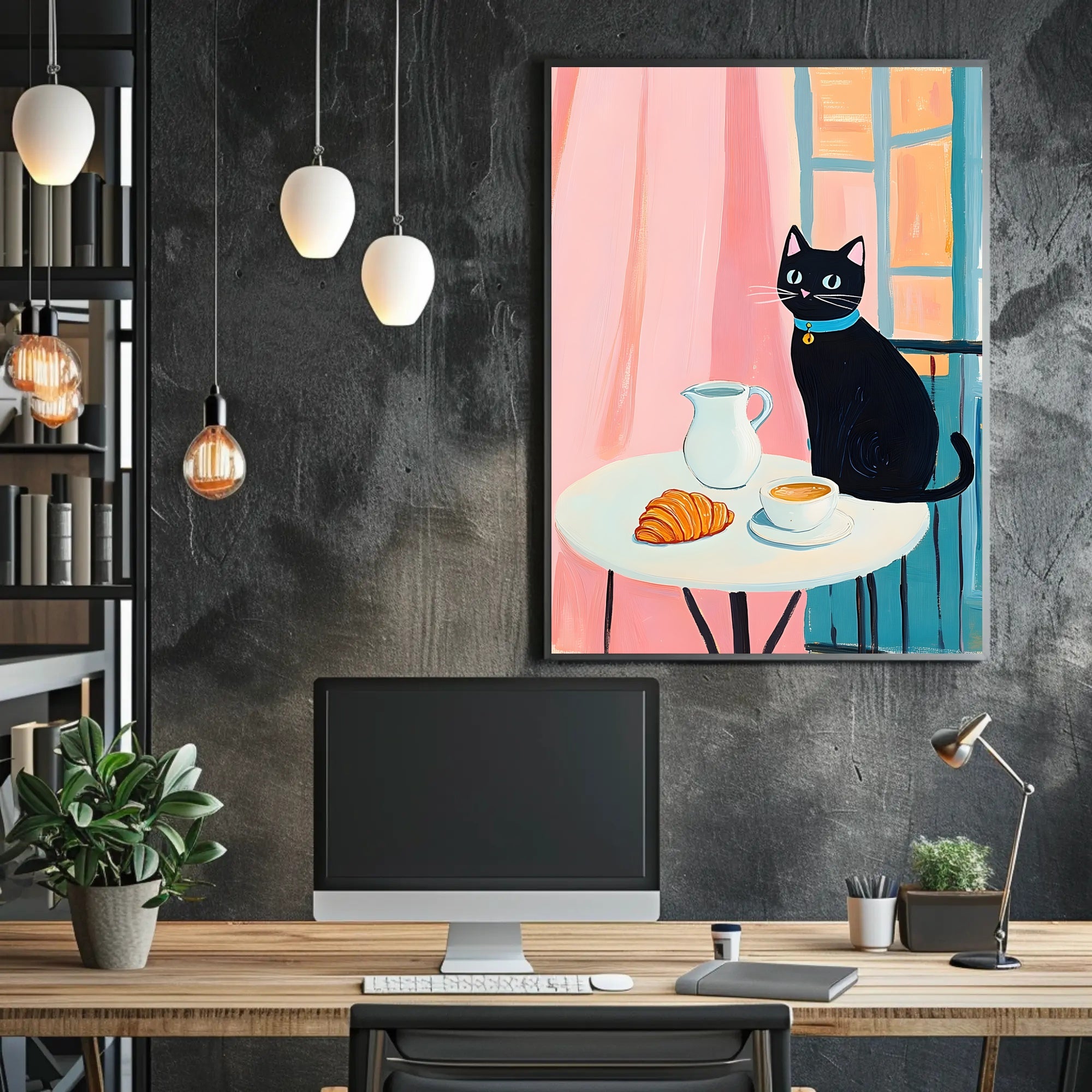 Morning Cat Cafe Poster Vintage Travel Wall Art Print