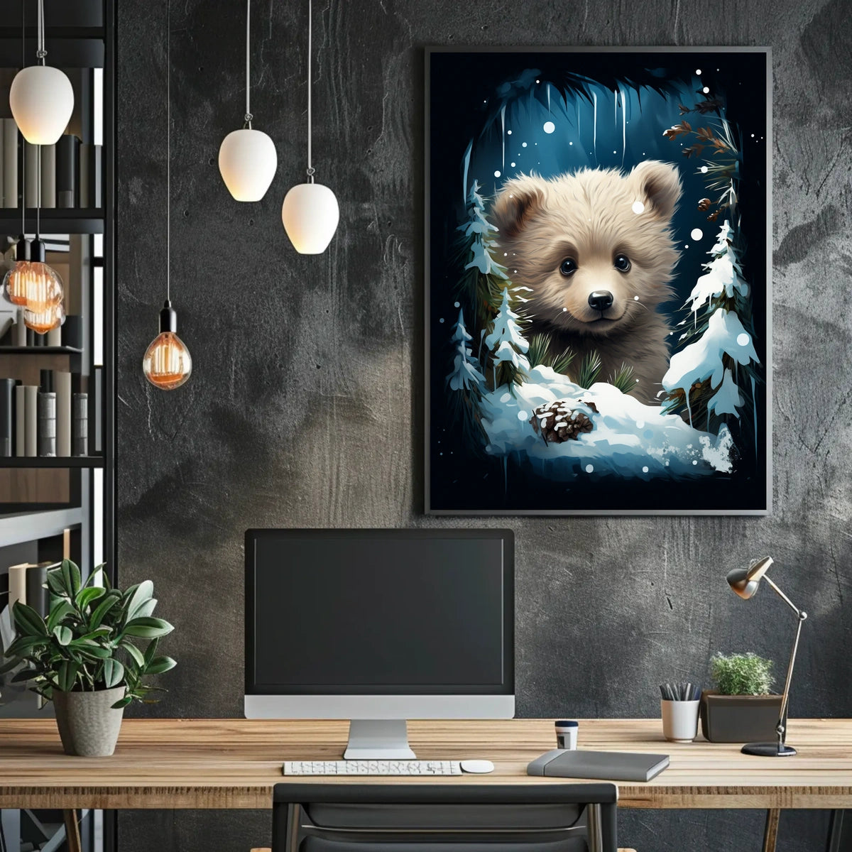 Adorable Bear Cub in Winter Forest Poster