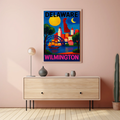 Wilmington Delaware Sailboat Bridge Skyline Travel Poster