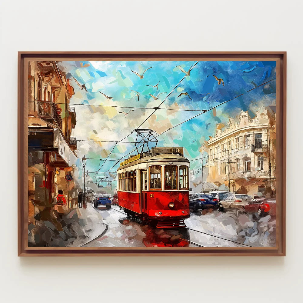 Vintage Tram Cityscape: Modern Impressionist Art Poster