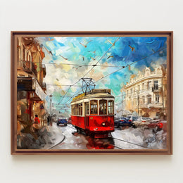Vintage Tram Cityscape: Modern Impressionist Art Poster