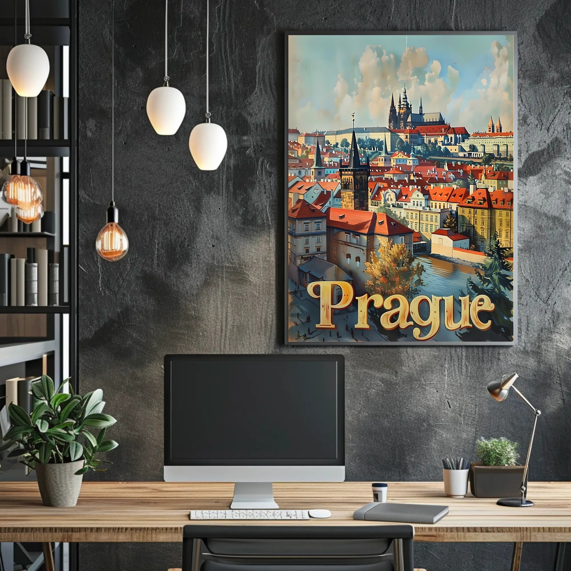 Prague Cityscape Vintage Travel Art Urban or Cityscape Poster