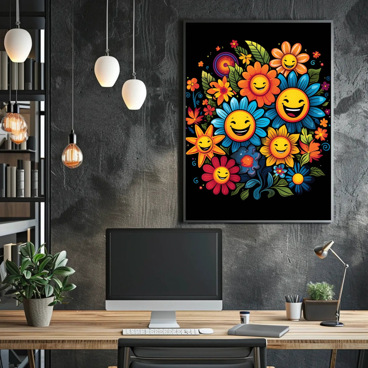 Joyful Floral Faces: Whimsical Art Poster Print