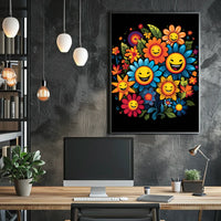 Joyful Floral Faces: Whimsical Art Poster Print