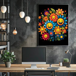 Joyful Floral Faces: Whimsical Art Poster Print