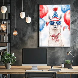 Playful watercolor of a llama wearing a stars and stripes hat and sunglasses standing in front of bunting and balloons in red white and blue Poster