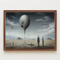 Surreal Metallic Sphere Floats in Desolate Sci-Fi Landscape Poster
