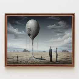 Surreal Metallic Sphere Floats in Desolate Sci-Fi Landscape Poster