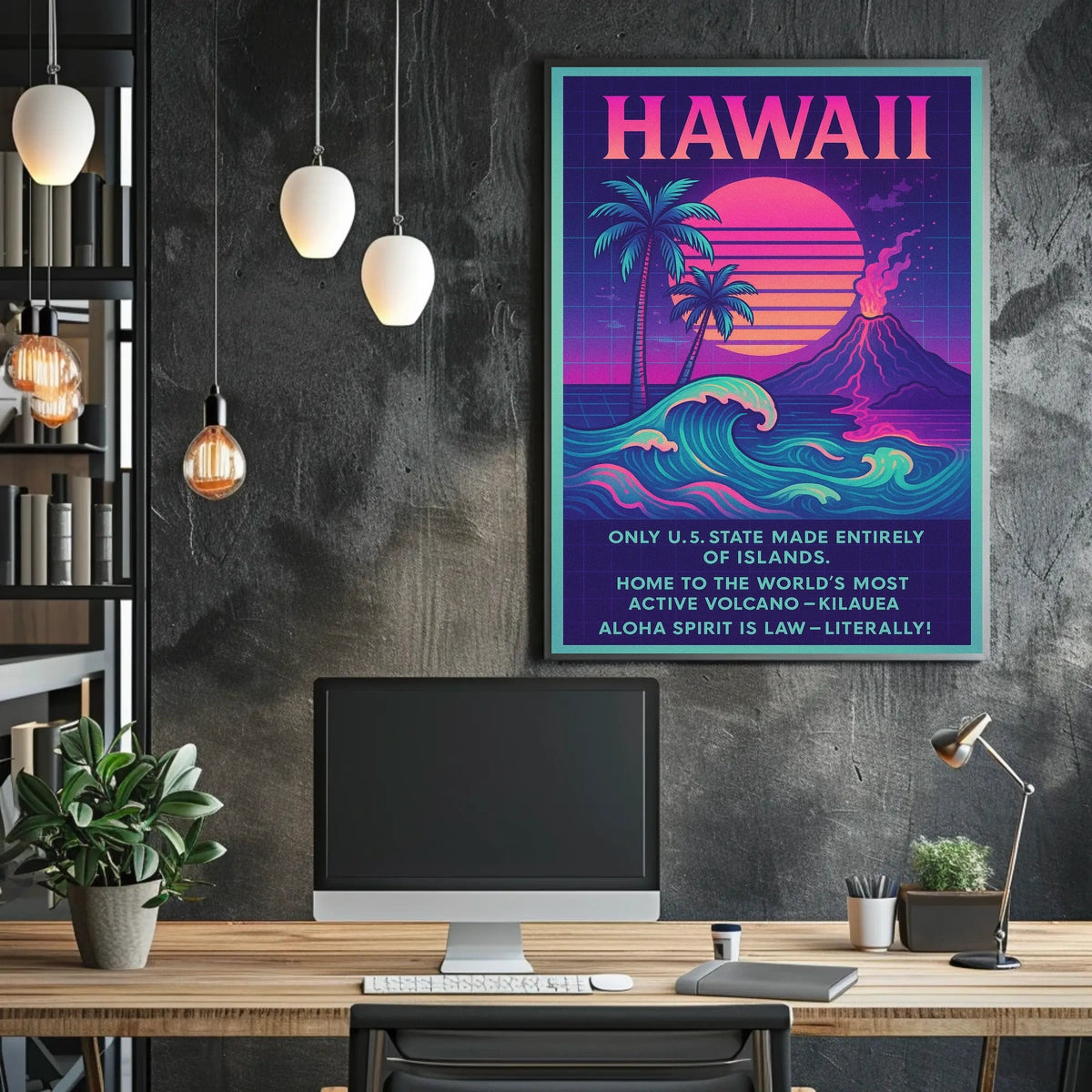The poster centers on Hawaii, emphasizing its unique geographical and cultural attributes. The Travel Poster