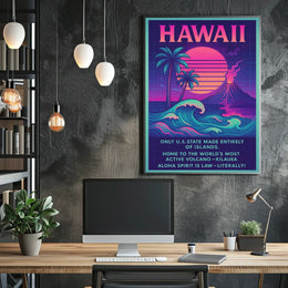 The poster centers on Hawaii, emphasizing its unique geographical and cultural attributes. The Travel Poster