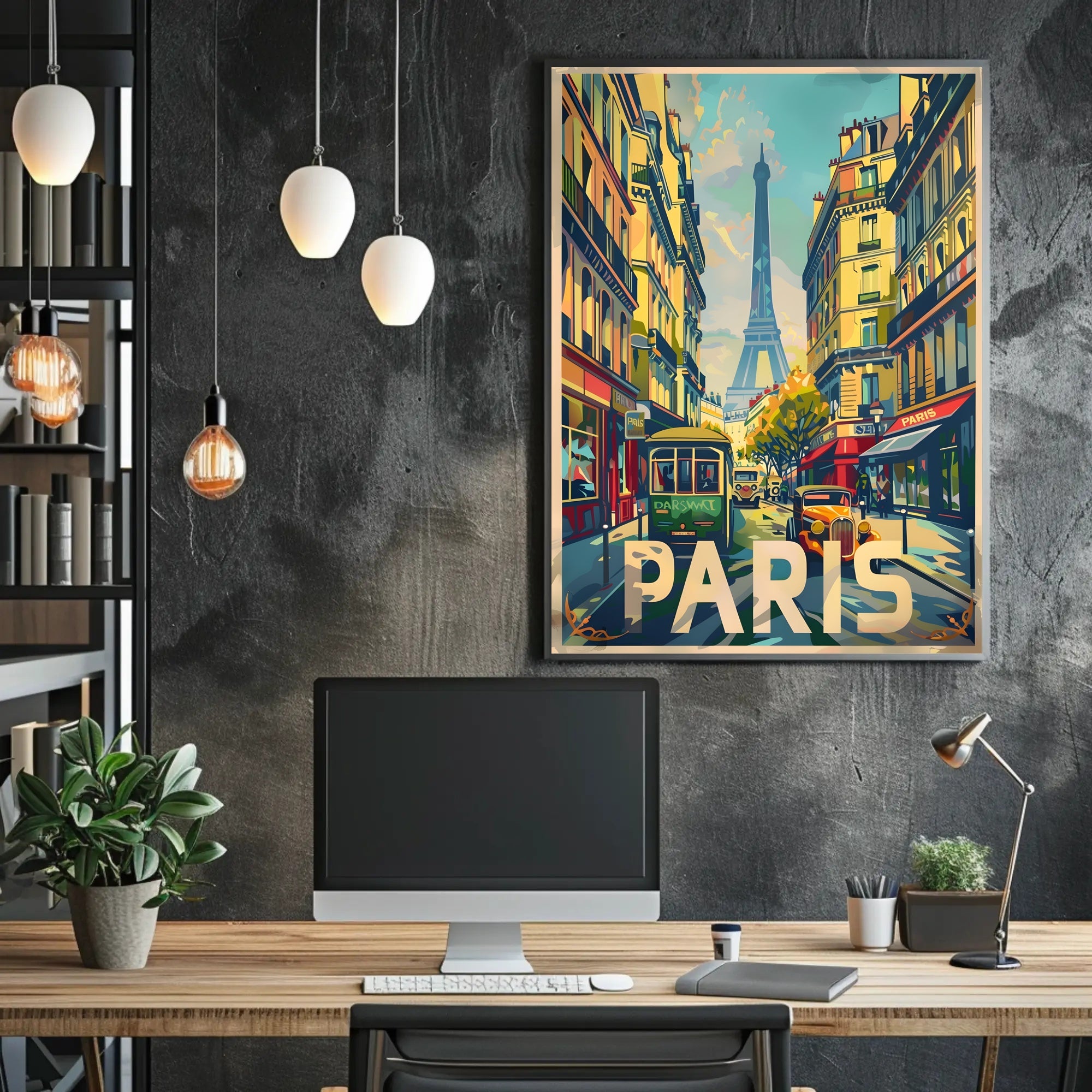 Vintage Parisian Street with Eiffel Tower Travel Poster