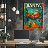 The poster features a festive Christmas theme with a playful depiction of Santa Travel Poster