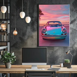 Vintage Car at Sunset Art Print Poster PosterGoat