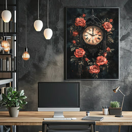 Gothic Victorian Clock with Red Roses Artwork Poster