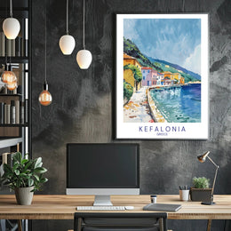 Kefalonia Coastal Charm in Watercolor Travel Poster PosterGoat