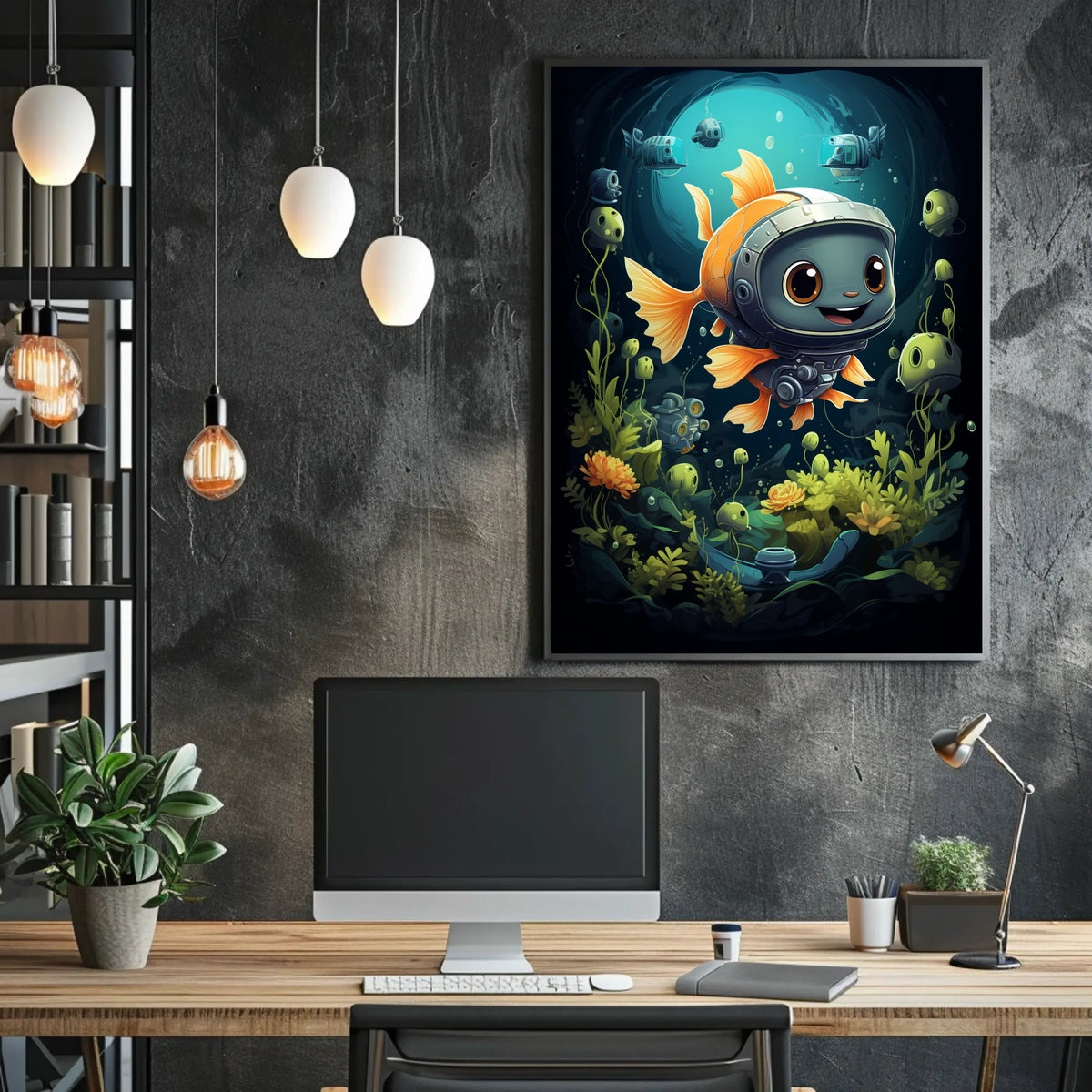 Goldfish in Futuristic Robotic Helmet Poster