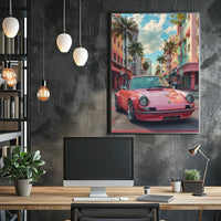 Vintage Car in Vibrant Cityscape Art Poster Print PosterGoat