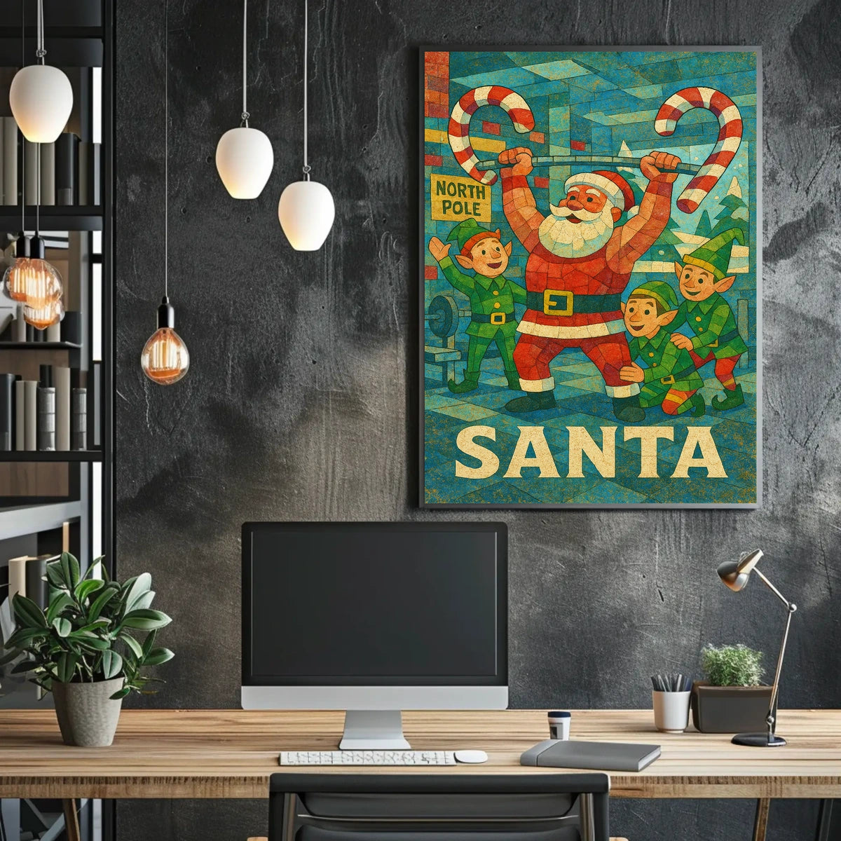 Santa's Festive Workout Vintage Christmas Poster