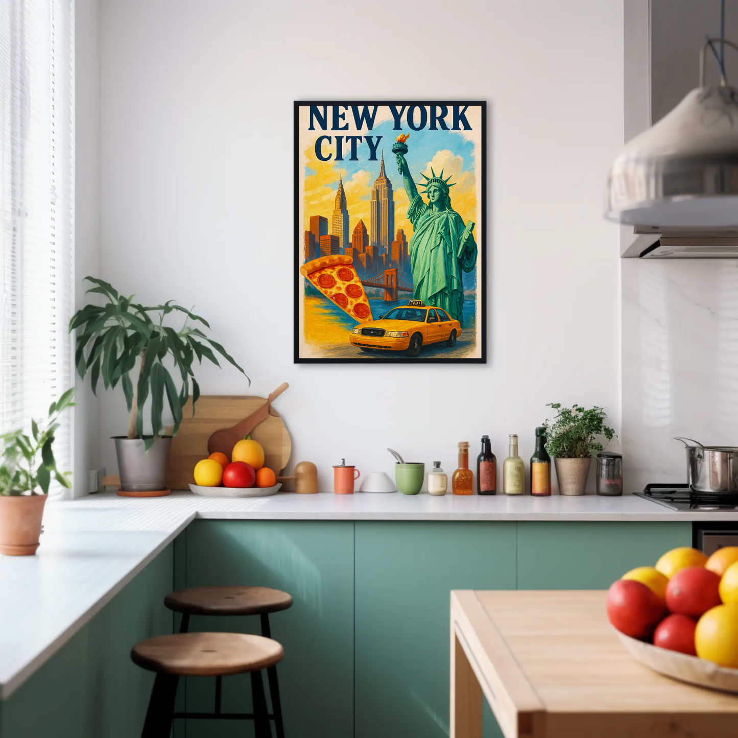 New York City Pizza Taxi Skyline Vintage Travel Poster