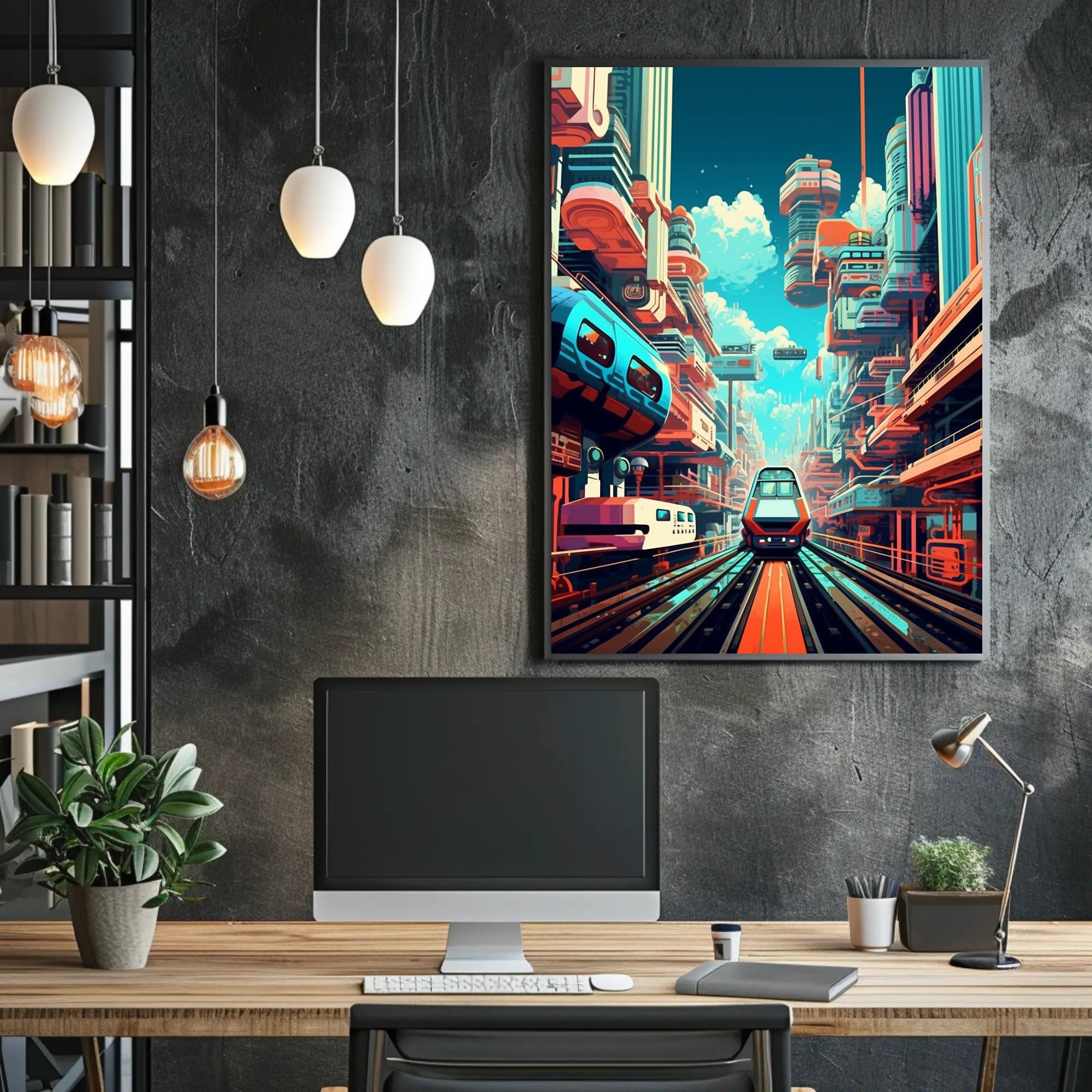 Futuristic Cityscape with High-Speed Train Poster