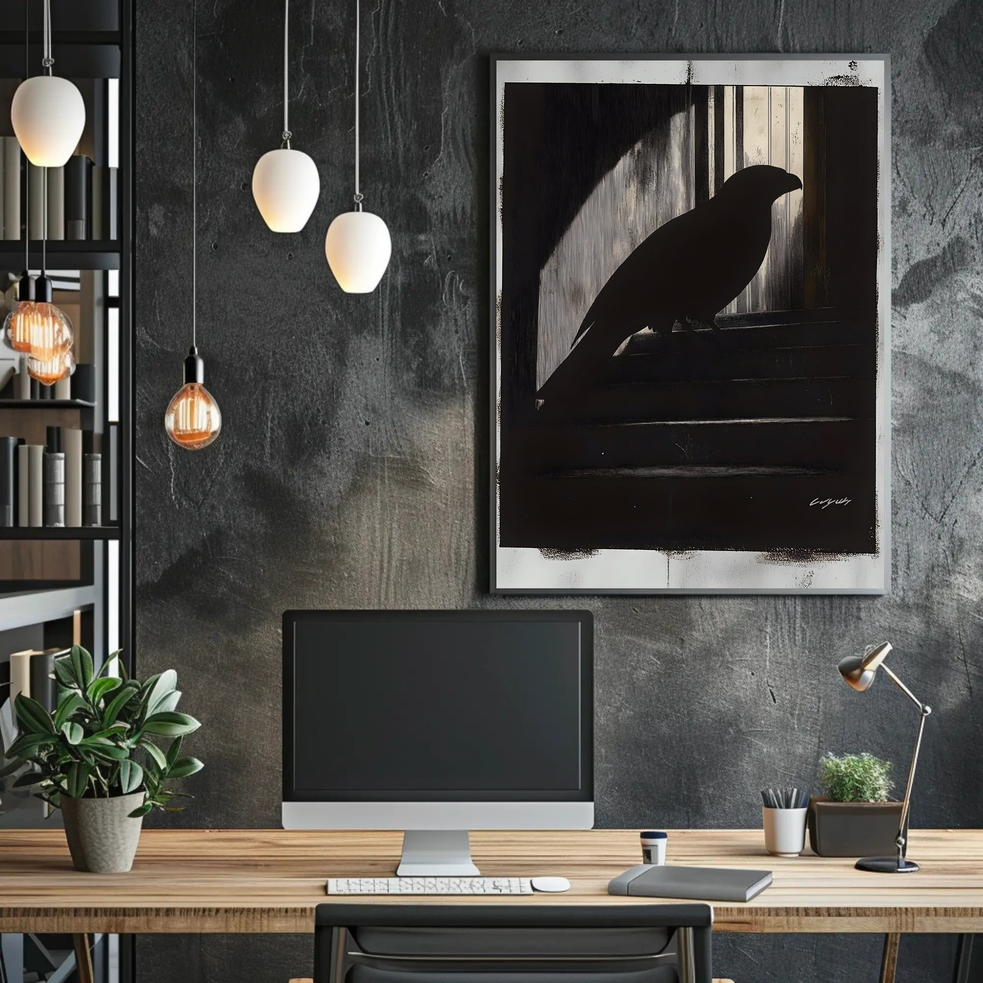 Silhouette Bird Against Barred Window: Artistic Poster PosterGoat