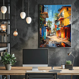 Vibrant Tropical Urban Street Scene Artistic Poster