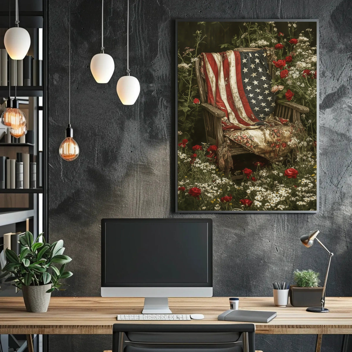 rustic garden chair with an old American flag draped Poster